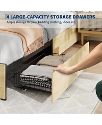 gaomon Full Boho Bed with Rattan Headboard, 4 Storage Drawers, Wood Slats, Metal Frame, No Box Spring Needed