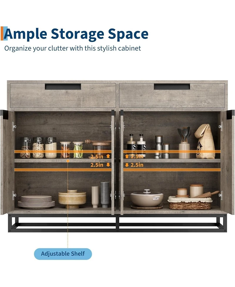 Gaomon Storage Cabinet Buffet Cabinet with Adjustable Shelves, 55" Sideboard Buffet Cabinet with Sturdy Design 2 Drawers and 4 Doors & Wood Finis