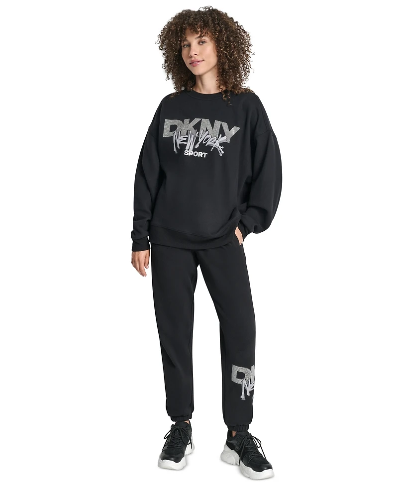 Dkny Women's Graffiti Rhinestone Logo Blouson-Sleeve Drop-Shoulder Sweatshirt