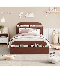 gaomon Twin Bed Frame, Wooden Beds with Storage Headboard and Raised-Foodboard, Twin-Floor Low Platform for Bedroom, Sturdy