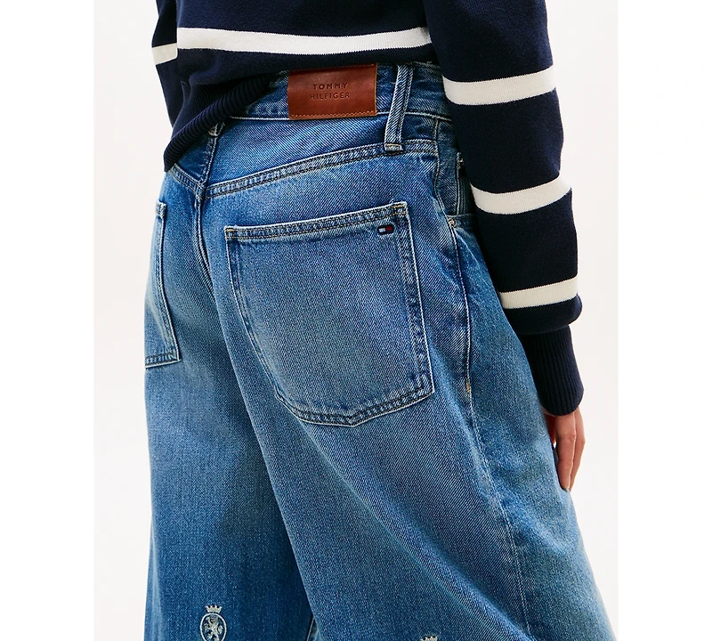 Tommy Hilfiger Women's All-Over Crest Wide Leg Barrel Jeans