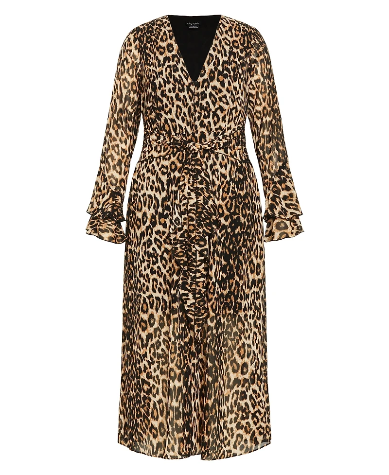 City Chic Women's Plus Plunge Frill Print Maxi Dress