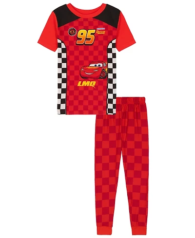 Cars Boys' Toddler 2T-4T 95 Race Suit Top and Checkered Print Long Joggers, 2-Piece Pajama Set