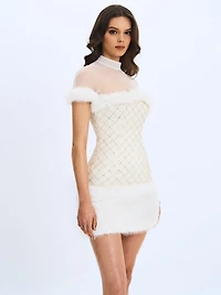 Miss Circle Women's Taylor Ivory Fur Trimmed Beaded Boucle Mini Dress