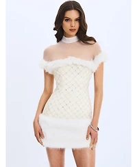 Miss Circle Women's Taylor Ivory Fur Trimmed Beaded Boucle Mini Dress