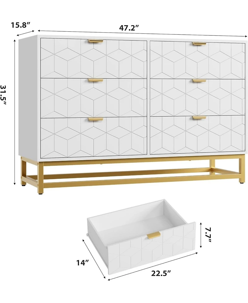 gaomon 47.2" Wide Modern 6 Drawer Dresser Chest, Gold Metal Legs & Handles, Wood Storage Organizer for Bedroom