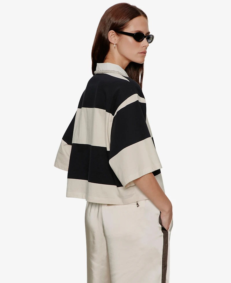 Sanctuary Women's Semi Crop Embellished Collared Polo Top