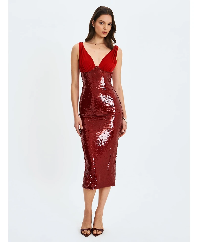 Miss Circle Women's Shanelle Crimson Sequin Plunging Midi Dress