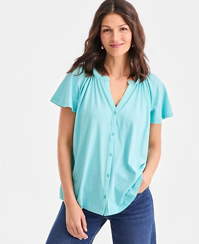 Style & Co Women's Flutter-Sleeve Gathered-Neck Top, Exclusively at Macy's