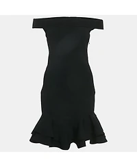 Pre-Owned Alexander Mcqueen Women's Black Rib Knit Off Shoulder Ruffled Mini Dress