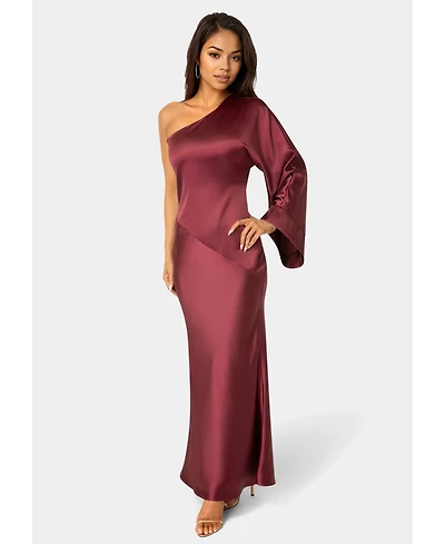 Bebe Women's One Shoulder Bell Sleeve Satin Maxi Dress