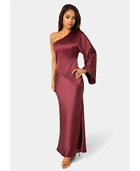 Bebe Women's One Shoulder Bell Sleeve Satin Maxi Dress
