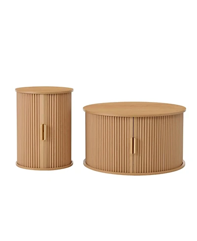 Coffee Table Set with Sliding Tambour Door and Round Fluted End for Living Room