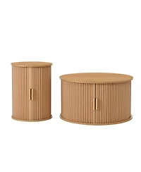 Coffee Table Set with Sliding Tambour Door and Round Fluted End for Living Room