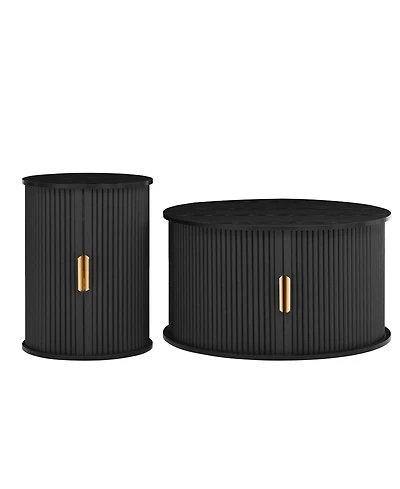 Coffee Table Set with Sliding Tambour Door and Round Fluted End for Living Room
