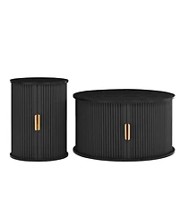 Coffee Table Set with Sliding Tambour Door and Round Fluted End for Living Room