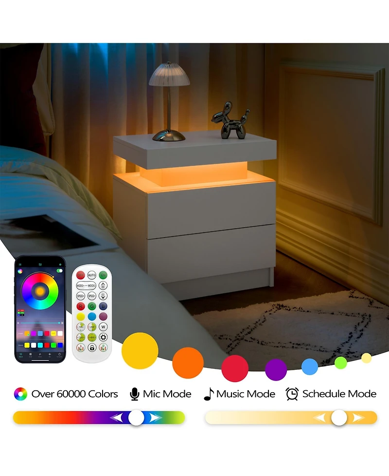 Rainsken Led Nightstand with 2 Drawers, Bedside Table Cabinet with Adjustable Color Lighting, Modern End Side Table for Bedroom, Living Room