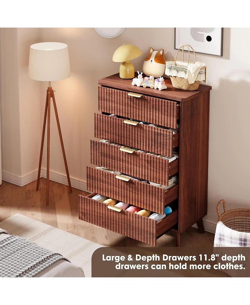 Gaomon Walnut 47.2" Tall Fluted 5-Drawer Dresser, Curved Profile with Handles