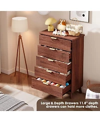 Gaomon Walnut 47.2" Tall Fluted 5-Drawer Dresser, Curved Profile with Handles