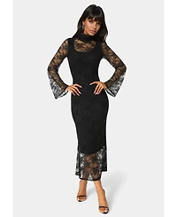 Bebe Women's Lace Turtleneck Illusion Maxi Dress