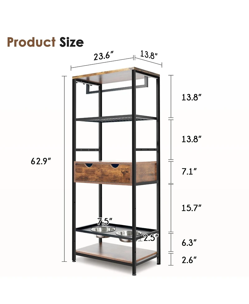 Cozito Adjustable Raised Dog Feeding Station with Storage Shelves and Hooks, 2 Stainless Steel Bowls