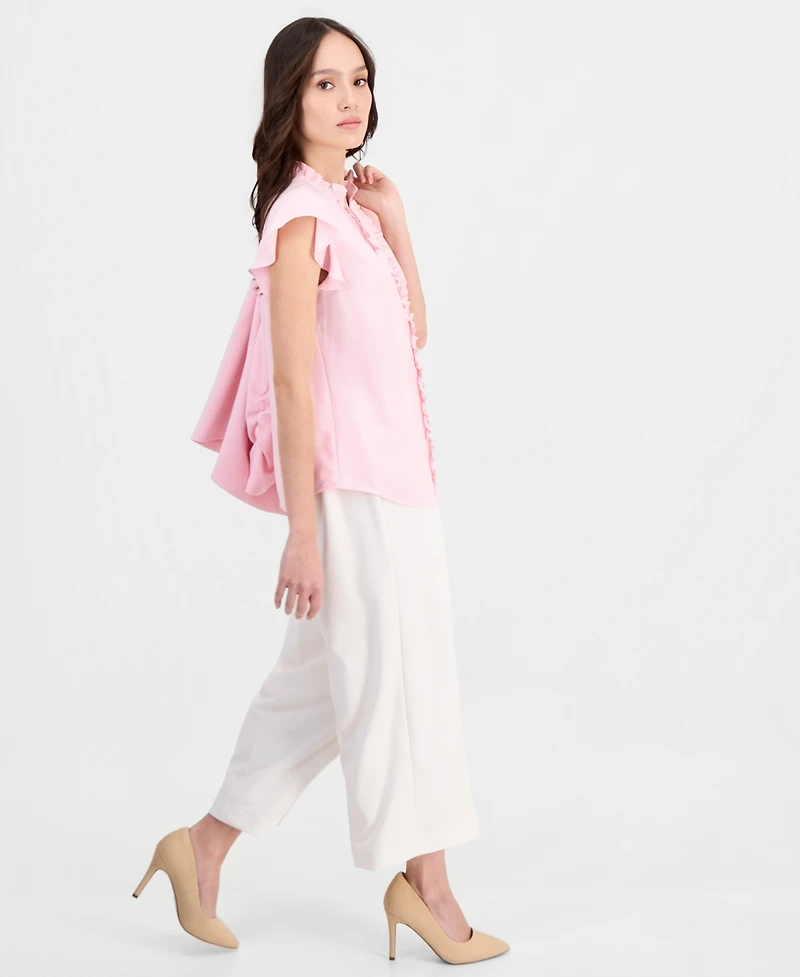 Anne Klein Essentials Petite Flutter-Sleeve Ruffle-Placket Top