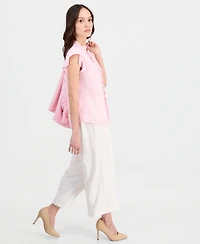 Anne Klein Essentials Petite Flutter-Sleeve Ruffle-Placket Top