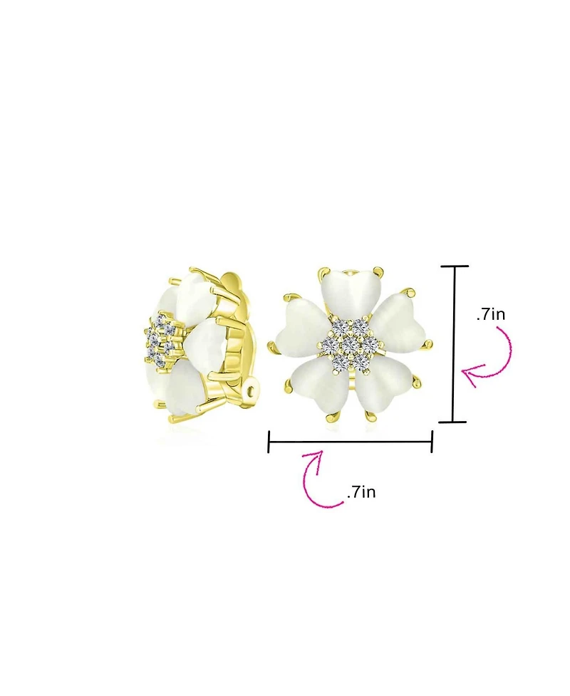 Bling Jewelry Romantic Natural Cat Eye Button-Style Heart-Shaped Petals Flower Clip-On Earrings Yellow Gold Plated