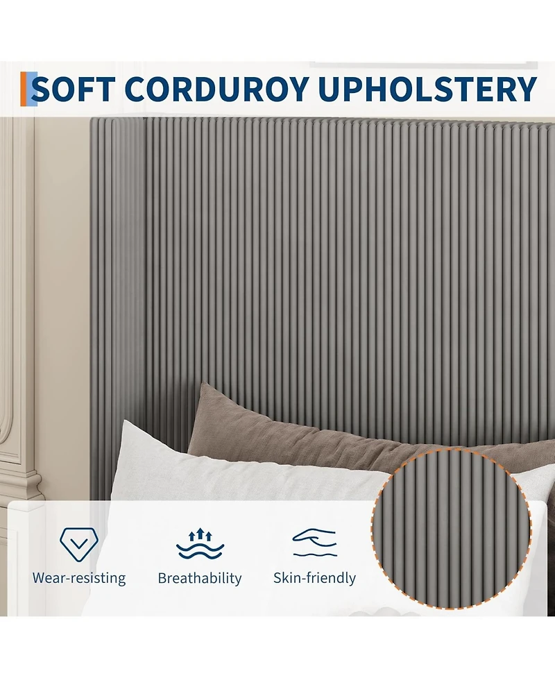 gaomon Queen Bed Frame with 4 Storage Drawers, Corduroy Wingback Headboard, Wood Slats, Noise-Free Platform, Grey