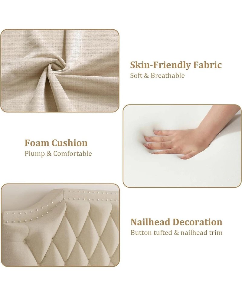 gaomon Queen Upholstered Canopy Bed, Tufted Headboard, Nailhead Trim, Sturdy Platform Frame, No Box Spring, Beige