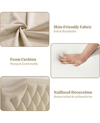 gaomon Queen Upholstered Canopy Bed, Tufted Headboard, Nailhead Trim, Sturdy Platform Frame, No Box Spring, Beige