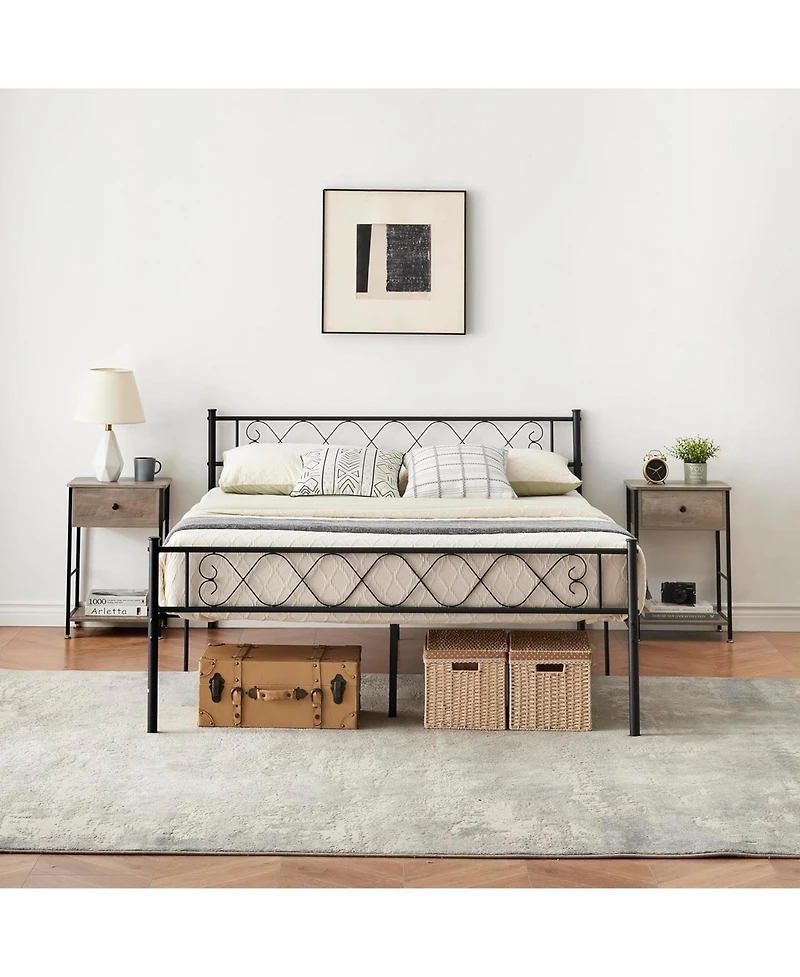 Queen Metal Platform Bed with Heart Design Headboard & Footboard, Strong Frame, No Box Spring, Black