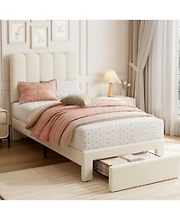 gaomon 2 Sets Twin Bed Frame with Under-Bed Drawer, Upholstered Platform Bed with Wave Headboard for Kids/Girls, Wooden Slats Support