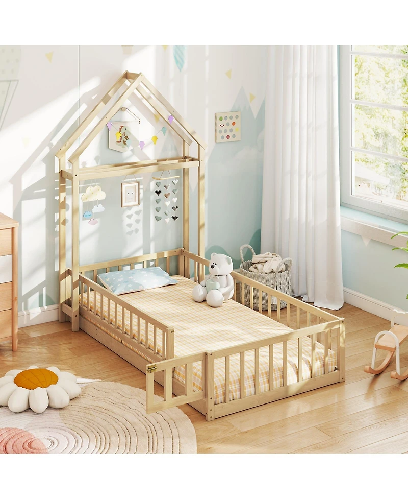 Slickblue House Style Twin Floor Bed with Decorative Headboard - 48