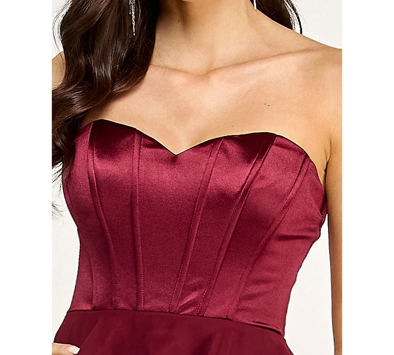 City Studios Juniors' Strapless Corset Ruffle Tier Slim Gown