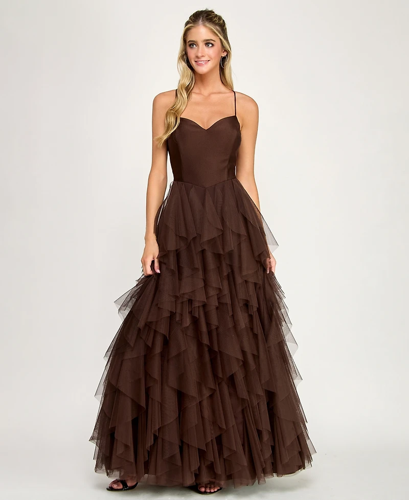 City Studios Juniors' Open Back Mesh V-Neck Cascade Layered Gown