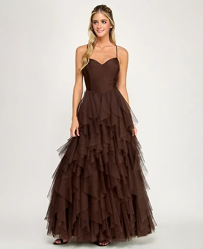 City Studios Juniors' Open Back Mesh V-Neck Cascade Layered Gown