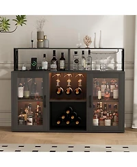 Gaomon Wine Bar Cabinet with Led Lights & Power Outlets, Farmhouse Liquor Rack Glass Holder