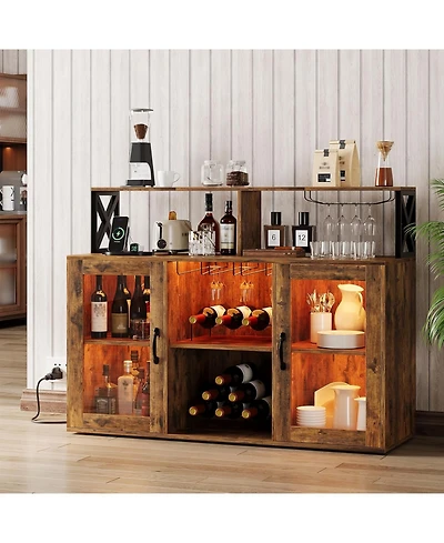 Gaomon Wine Bar Cabinet with Led Lights & Power Outlets, Farmhouse Liquor Rack Glass Holder