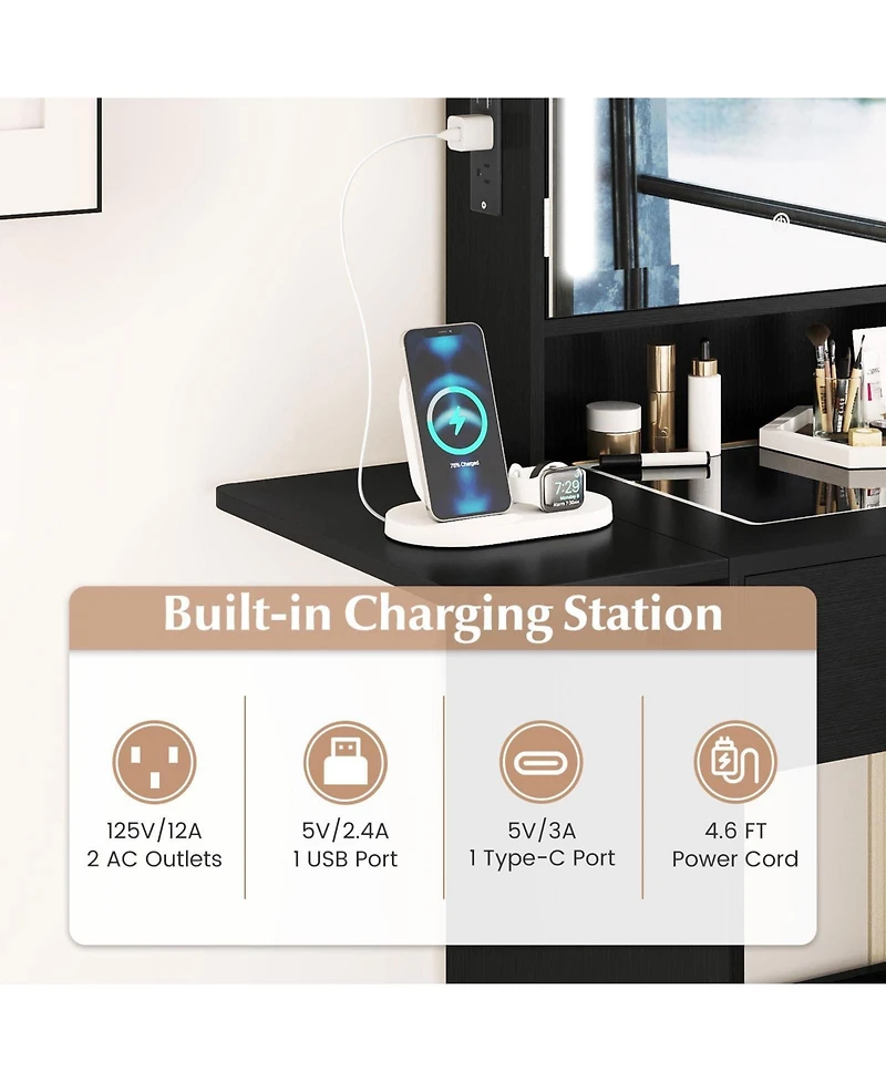 Volenca Space-Saving Vanity Desk with Lighted Mirror and Lights, Bedroom Makeup Table