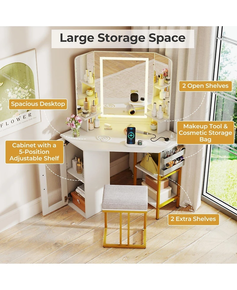 Volenca Corner Vanity Desk with Triple Mirror and Lights, Makeup Dressing Table