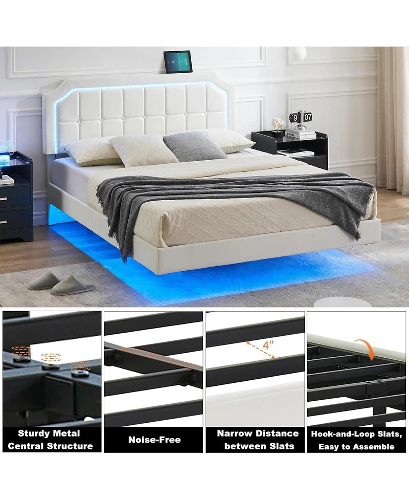 gaomon Queen Floating Platform Bed with Rgb Led Lights, Adjustable Upholstered Headboard, Button-Tufted, Easy Assembly