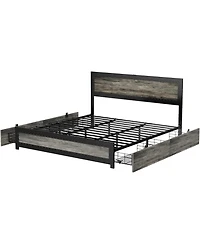 gaomon King Bed Frame with Headboard, Industrial Platform, 4 Storage Drawers, Charging Station, Metal Slats, Washed Gray