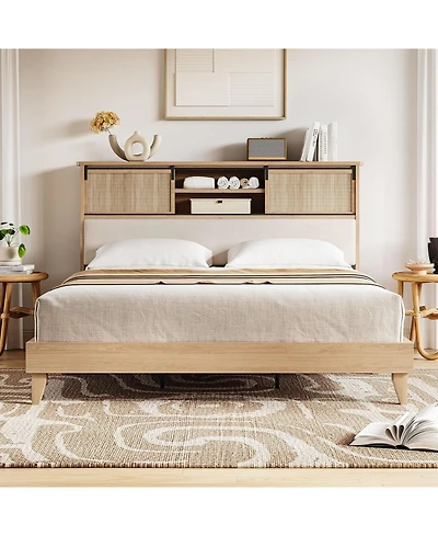 gaomon King Size Rattan Bed Frame with Headboard, Storage Shelves, Boho Solid Wood Platform, Sliding Door Shelf