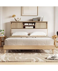 gaomon King Size Rattan Bed Frame with Headboard, Storage Shelves, Boho Solid Wood Platform, Sliding Door Shelf