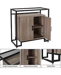 Gaomon Rattan Nightstand with Tempered Glass Top, 2-Door Open Storage Cabinet with Steel Frame for Bedroom