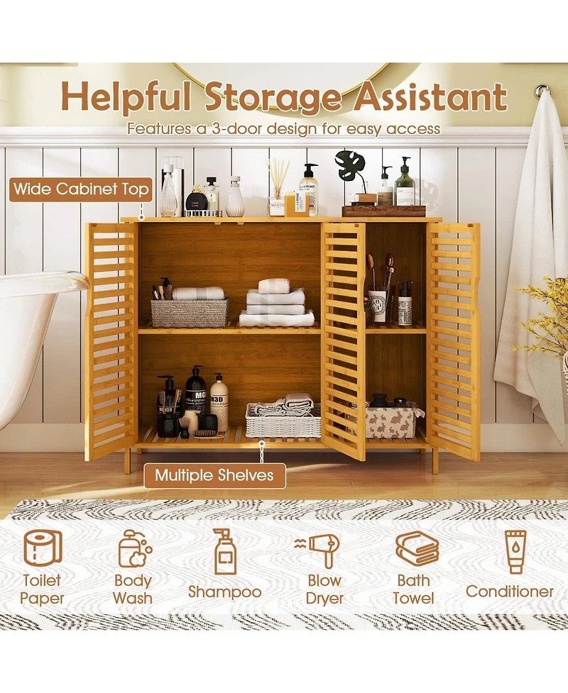 Volenca 3-Door Bamboo Bathroom Cabinet with Shelves, Freestanding Storage Organizer