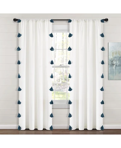 Lush Decor Boho Faux Linen Texture Tassel Window Curtain Panel Single 52"W x 84"L White & Turquoise - White Curtains For Bedroom