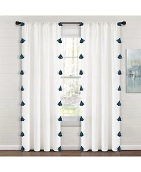 Lush Decor Boho Faux Linen Texture Tassel Window Curtain Panel Single 52"W x 84"L White & Turquoise - White Curtains For Bedroom