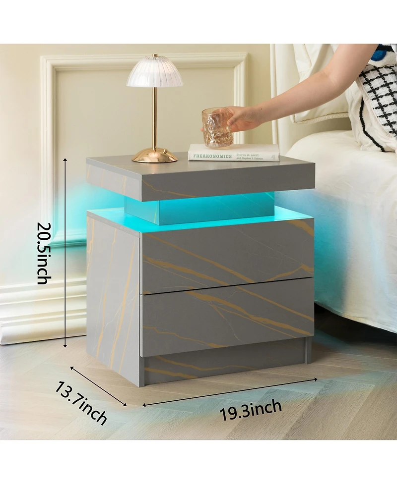 Rainsken Led Nightstand with 2 Drawers, Bedside Table Cabinet with Adjustable Color Lighting, End Side Table for Bedroom, Living Room